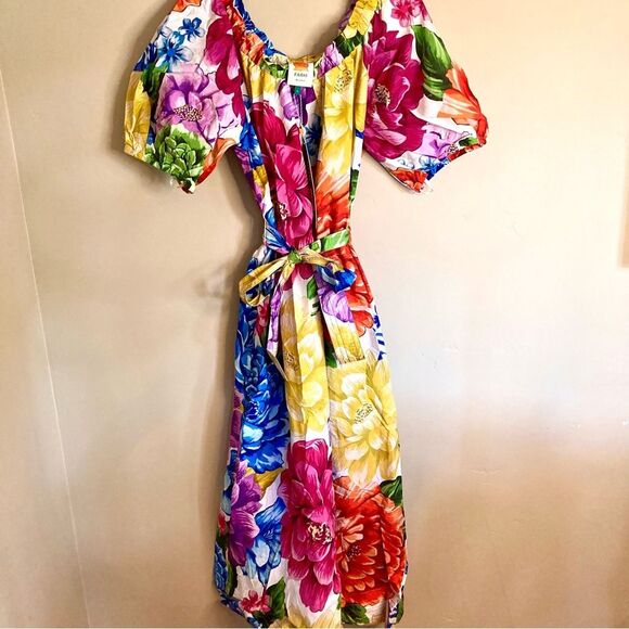 NEW FARM Rio Rainbow Chita Off Shoulder Maxi Dress Puff Sleeve Pink Floral L/XL - Picture 6 of 16